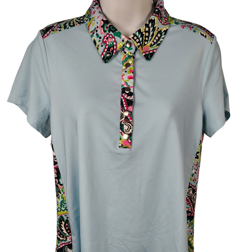 Jack Smith Womens M Paisley Trim Golf Polo Shirt Light Blue Sporty Golfcore